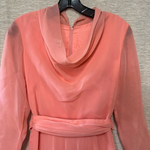 Vintage 1960s Jack Bryan Gown Peach Chiffon Belted Maxi Dress - size 10 - Picture 2 of 16